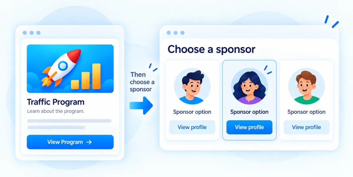 Illustration showing a visitor learning about a program first, then viewing three sponsor options and choosing whose profile to explore.